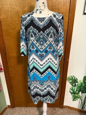 Blue & Black Chevron Paisley Midi Dress 3/4 sleeve resort wear (Studio One)